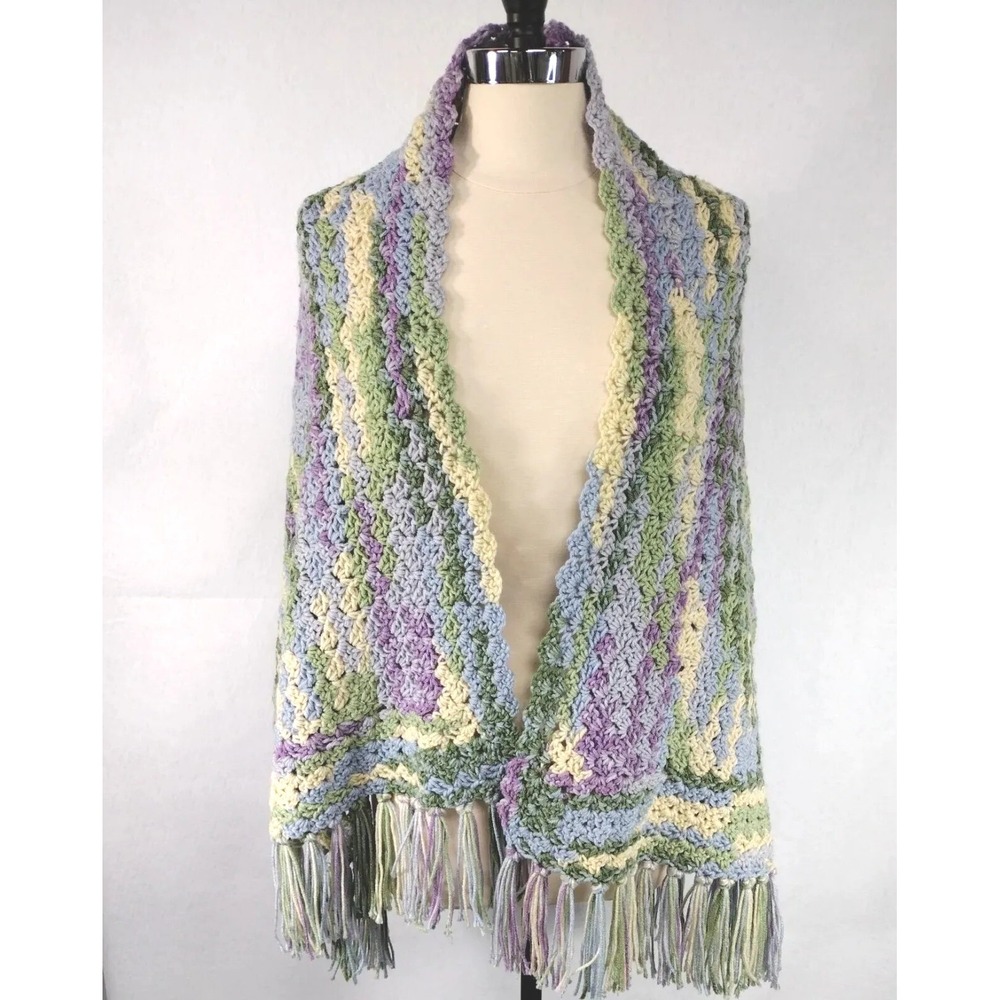 Handmade Crochet Throw Shawl Wrap Multicolor Green Blue Purple Yellow 66"x21"
